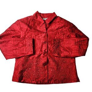 Vintage Anage Red Silk Jacket Topper Coat Boho Beaded Embroidered Blazer Medium